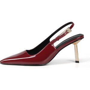 Women's Dark Red 3.5 In 4 In Kitten Heel Pumps Dress Slingback Leather Heels
